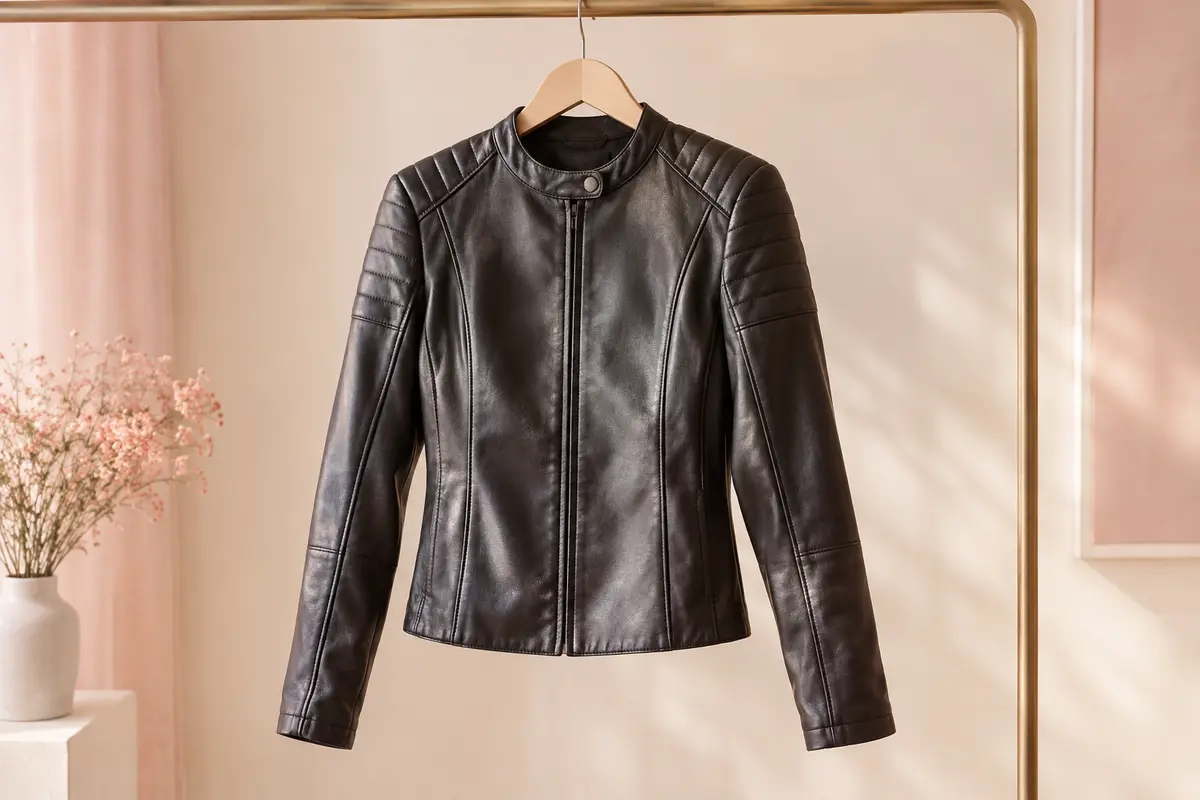 Veste ONLY pour femme de style motard en simili cuir, présentée seule sur un cintre dans un décor ivoire