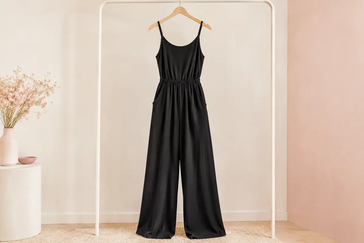 Combinaison pantalon noire à bretelles fines, taille élastique et jambes larges présentée sur un cintre.