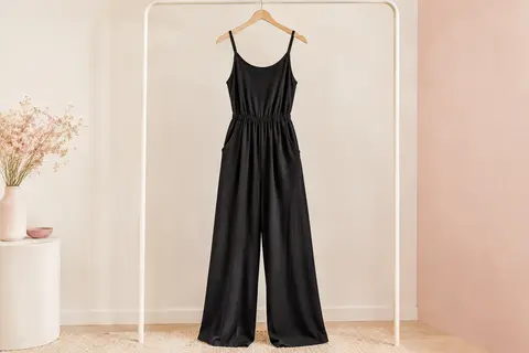 Combinaison pantalon noire à bretelles fines, taille élastique et jambes larges présentée sur un cintre.