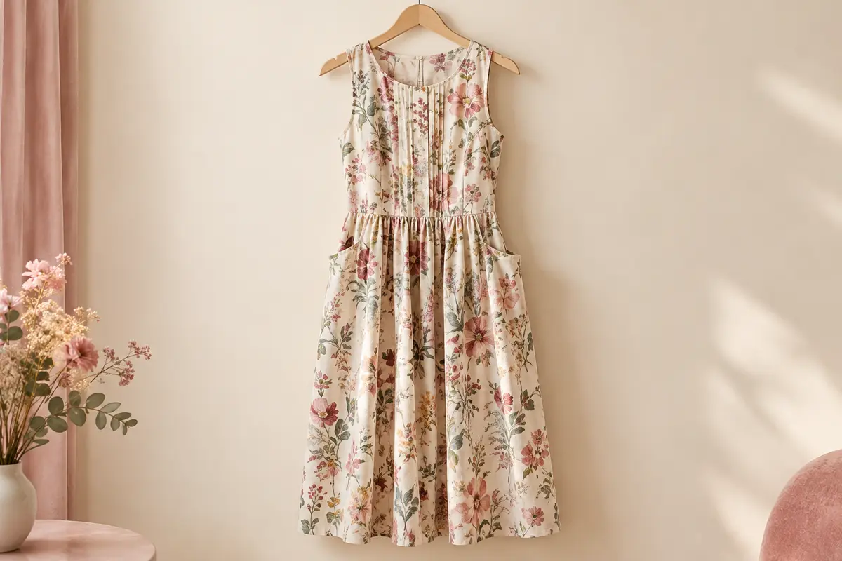 Robe midi sans manches à imprimé floral, avec col rond, devant plissé et deux poches latérales, présentée sur cintre.