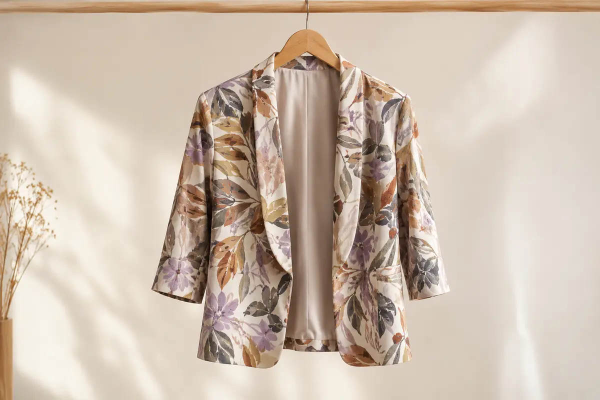 Blazer imprimé PIECES à col châle, manches trois-quarts et découpe sur le devant, présenté sur un cintre.