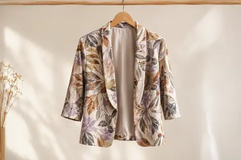 Blazer imprimé PIECES à col châle, manches trois-quarts et découpe sur le devant, présenté sur un cintre.