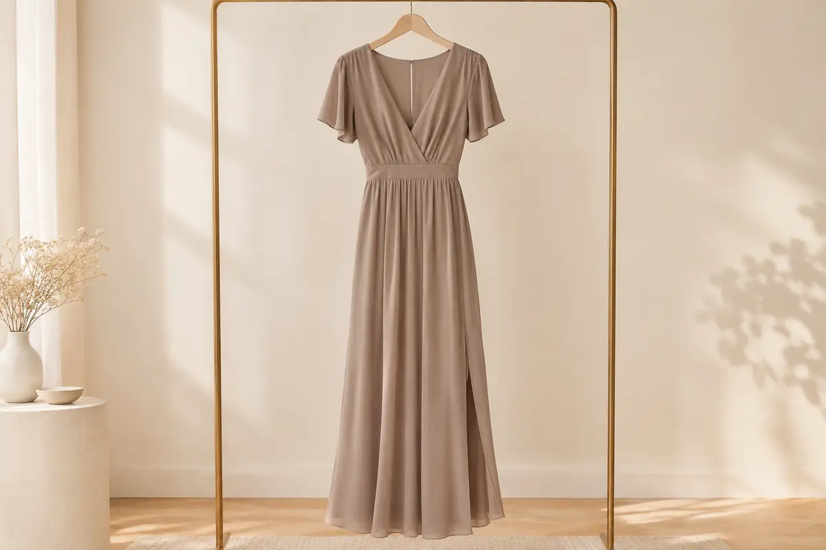 Robe longue unie QUNERY en polyester, avec col V, manches courtes et taille haute, présentée sur un cintre.