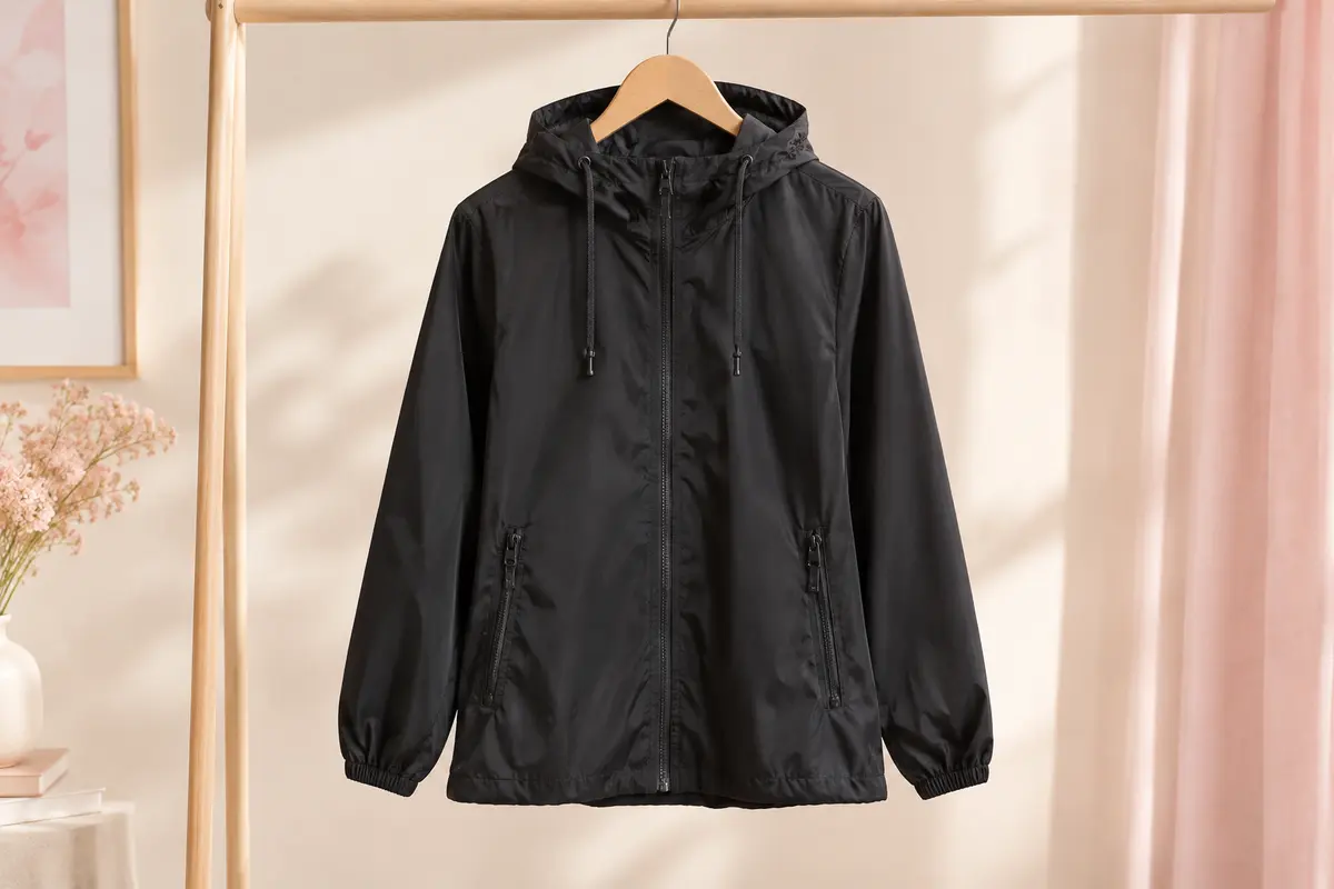 Veste de pluie noire à capuche et poches zippées, présentée seule sur un cintre devant un fond ivoire.