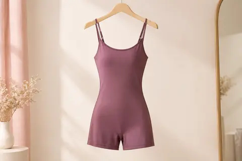 Combishort uni Rongseng à coupe ajustée, encolure ronde et fines bretelles réglables, présenté seul sur un cintre.