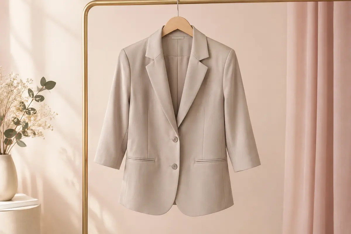Blazer uni pour femme à col en pointe, manches trois quarts, boutons et poches latérales sur cintre.