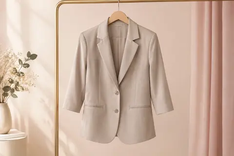 Blazer uni pour femme à col en pointe, manches trois quarts, boutons et poches latérales sur cintre.