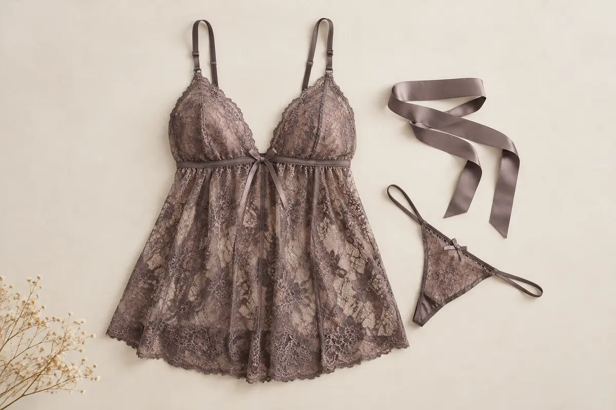 Nuisette babydoll en dentelle présentée à plat avec un string assorti et une ceinture à nouer