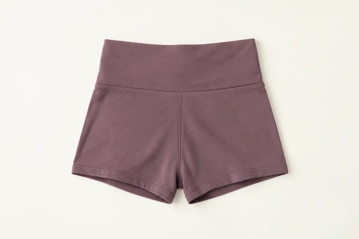 Shorty Runmeihe pour femme à taille haute, présenté seul à plat sur un fond ivoire lumineux.