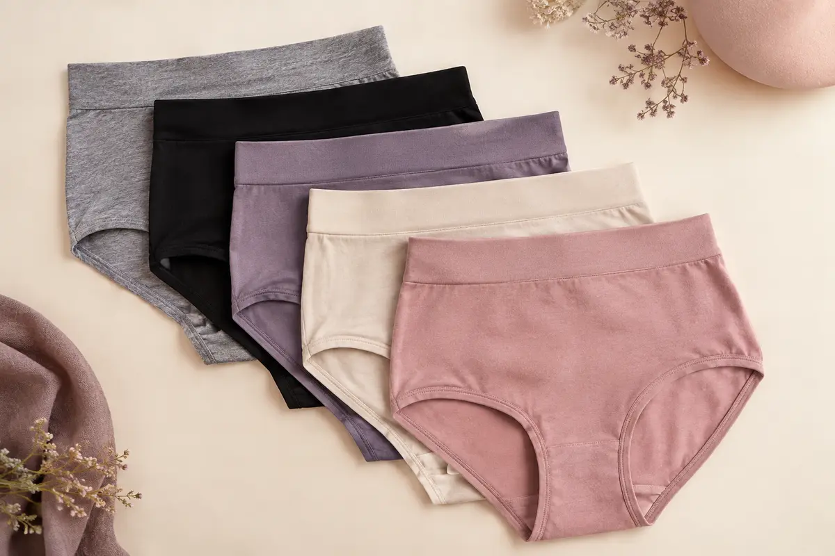 Lot de cinq culottes Senllori taille haute en coton stretch, présentées à plat en plusieurs coloris