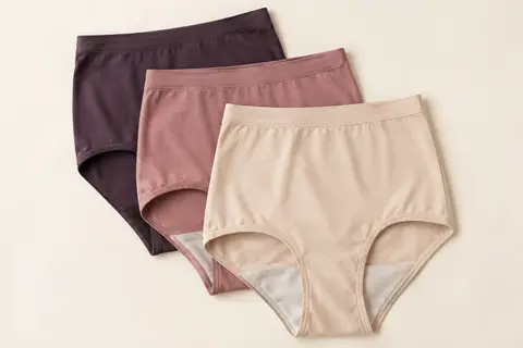 Trois culottes maxi taille haute en coton présentées à plat sur un fond ivoire lumineux