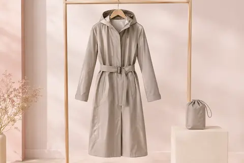 Manteau imperméable long SOPPY avec ceinture ajustable et sac de rangement, présenté sur un cintre.