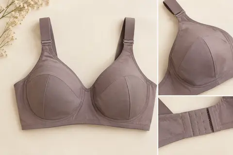 Soutien-gorge minimiseur sans armatures posé à plat, avec bonnets en trois parties et bretelles larges réglables.