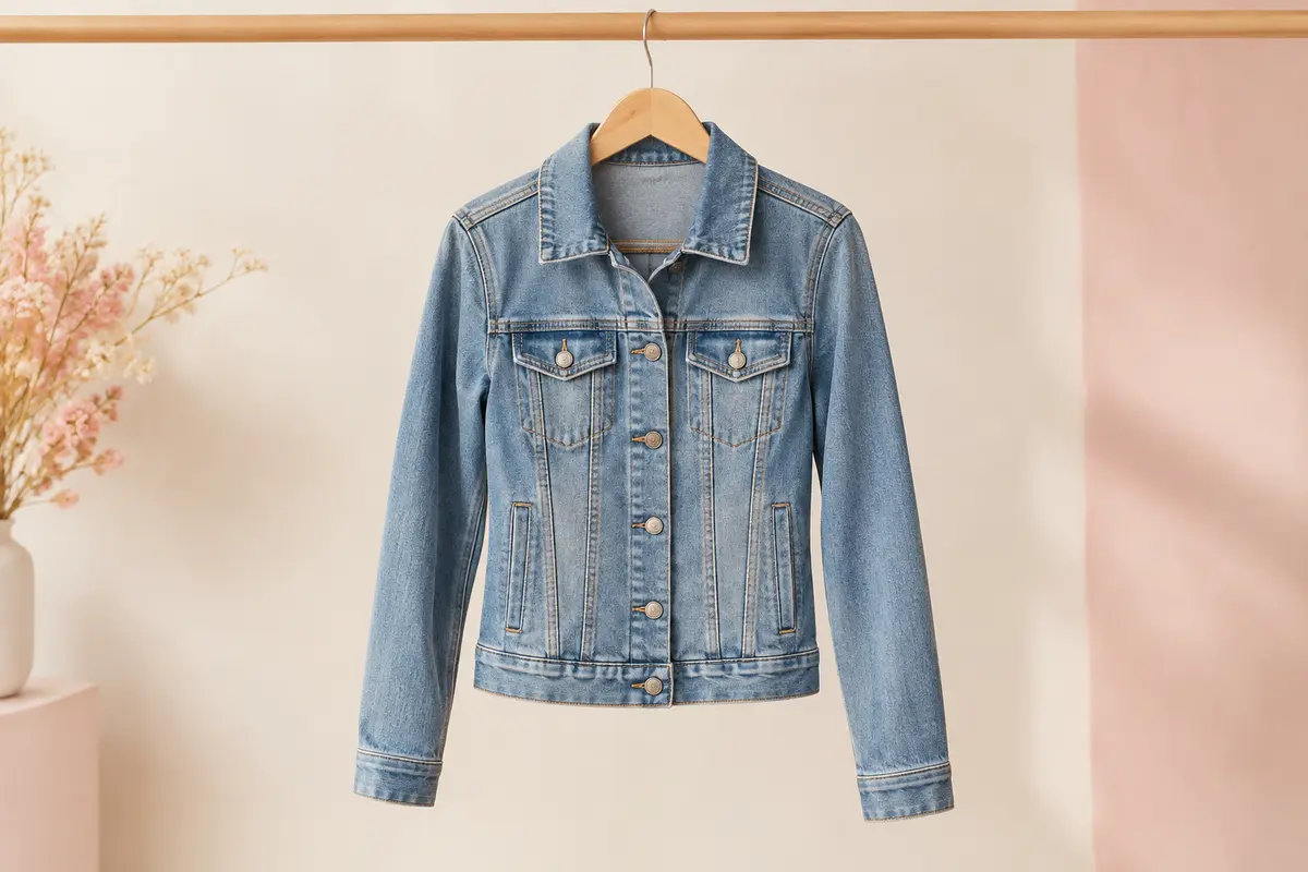 Veste en jean femme SS7 bleu délavé, à coupe ajustée, quatre poches et surpiqûres contrastées