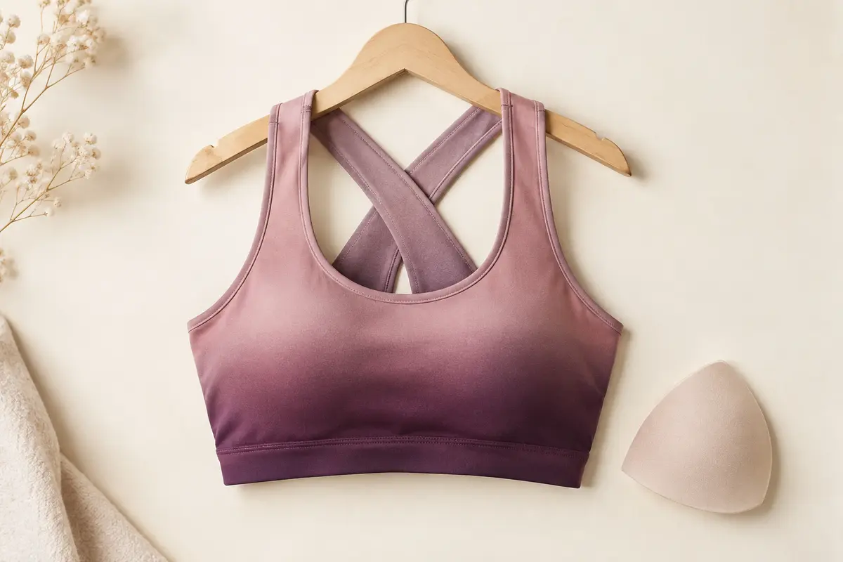 Brassière de sport sans armature à dos nageur et bretelles larges, présentée seule sur fond ivoire.