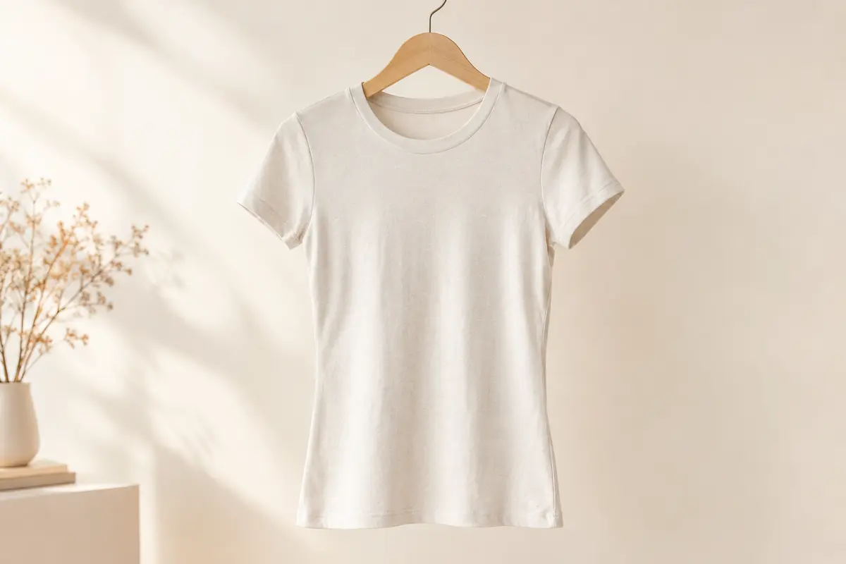 T-shirt femme en coton à coupe slim et encolure ras-du-cou présenté sur un cintre