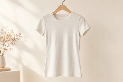 T-shirt femme en coton à coupe slim et encolure ras-du-cou présenté sur un cintre