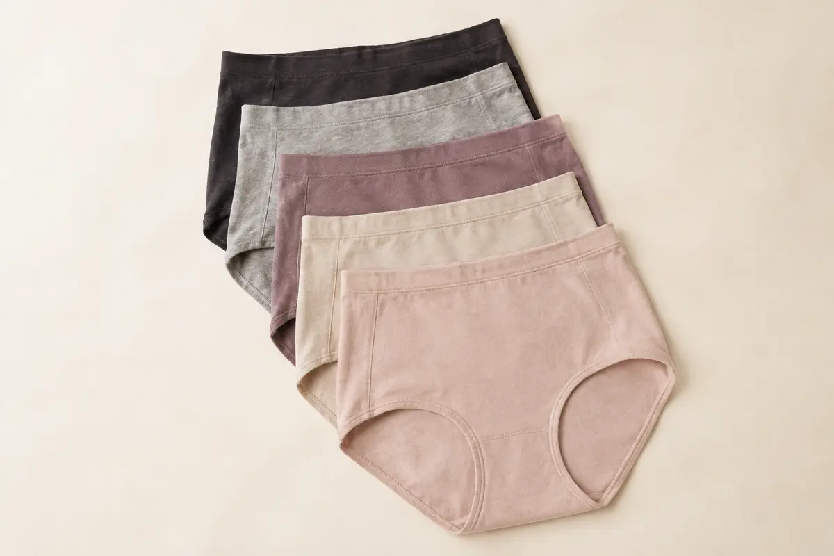 Lot de cinq culottes shorty femme à taille haute, pliées sur un fond ivoire lumineux.