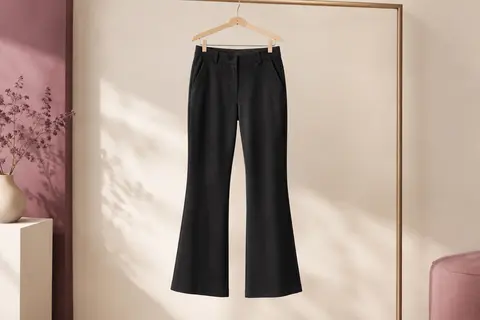 Pantalon femme noir à coupe droite légèrement évasée, présenté sur un cintre devant un fond ivoire