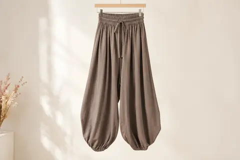 Pantalon sarouel ample Terecey en modal, taille haute élastique avec cordon, présenté seul sur cintre.