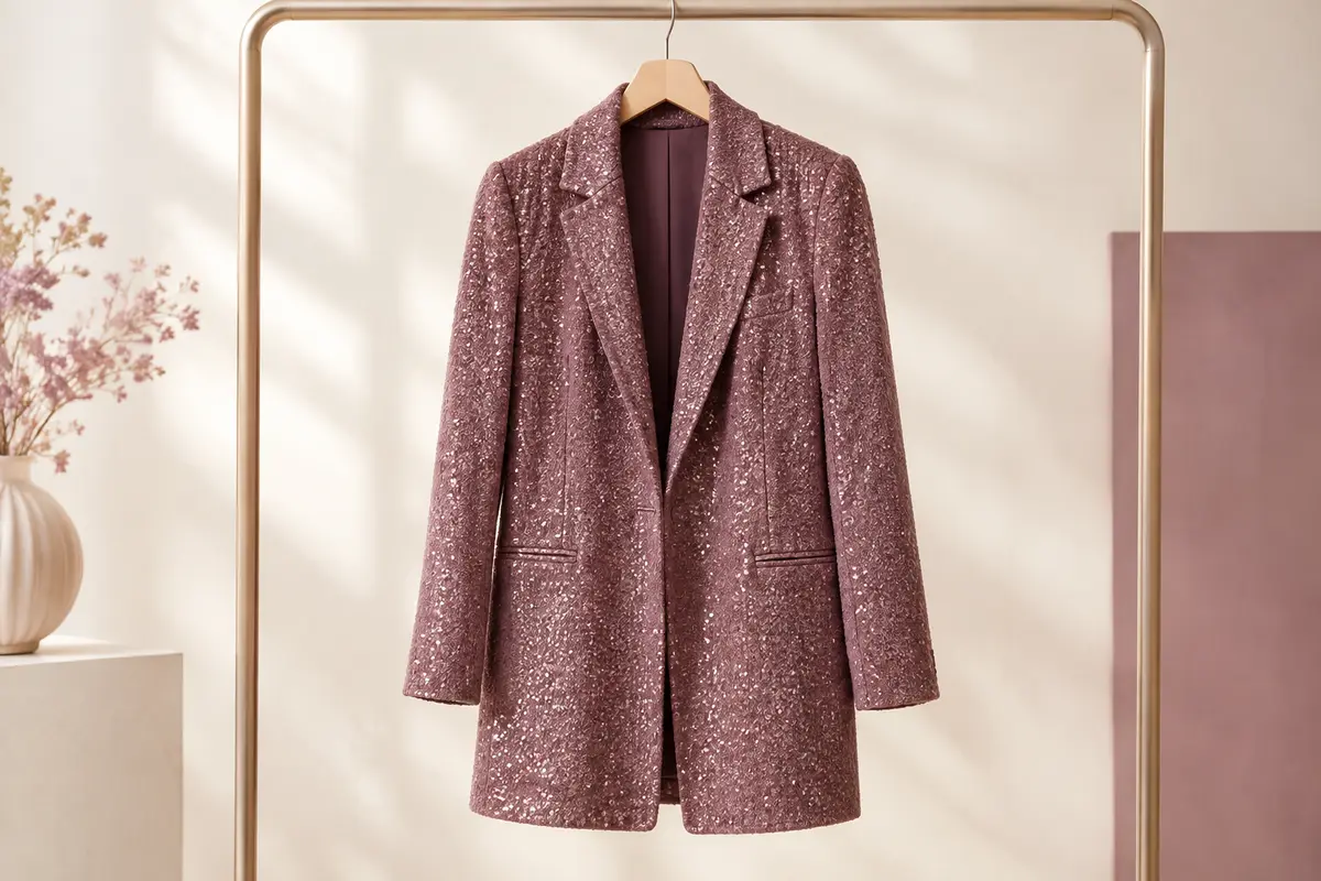 Blazer long femme à revers crantés et tissu à paillettes, présenté seul sur un cintre dans un décor ivoire.