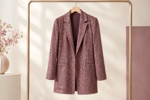 Blazer long femme à revers crantés et tissu à paillettes, présenté seul sur un cintre dans un décor ivoire.