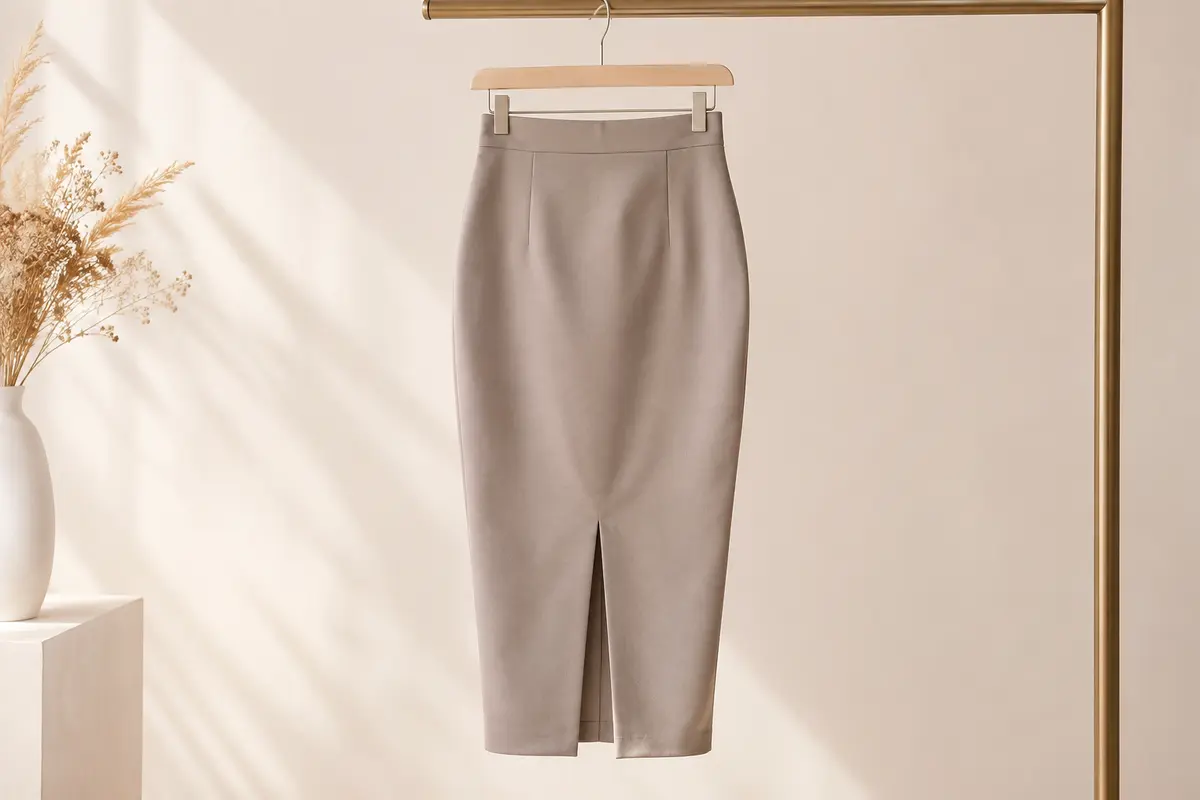 Jupe crayon midi extensible avec taille haute et fente arrière, présentée seule sur un cintre.