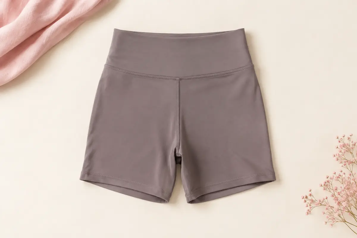 Short cycliste femme à taille haute présenté à plat sur un fond ivoire lumineux