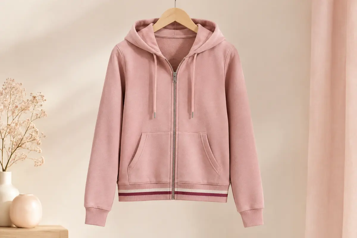 Sweat à capuche zippé avec deux poches avant et bande colorée autour de l’ourlet
