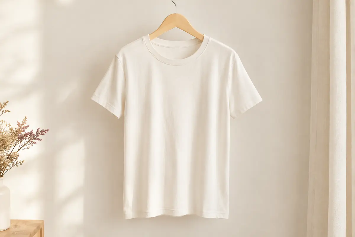 T-shirt femme à manches courtes et col rond présenté seul sur fond ivoire lumineux