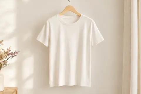 T-shirt femme à manches courtes et col rond présenté seul sur fond ivoire lumineux