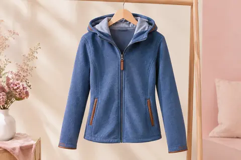 Veste polaire bleue Trespass Reserve à capuche, présentée sur cintre avec ses poches et ses finitions contrastées.