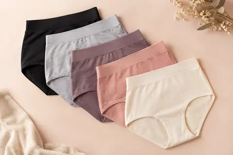 Lot de cinq culottes femme taille haute en coton stretch, présentées seules sur un fond clair