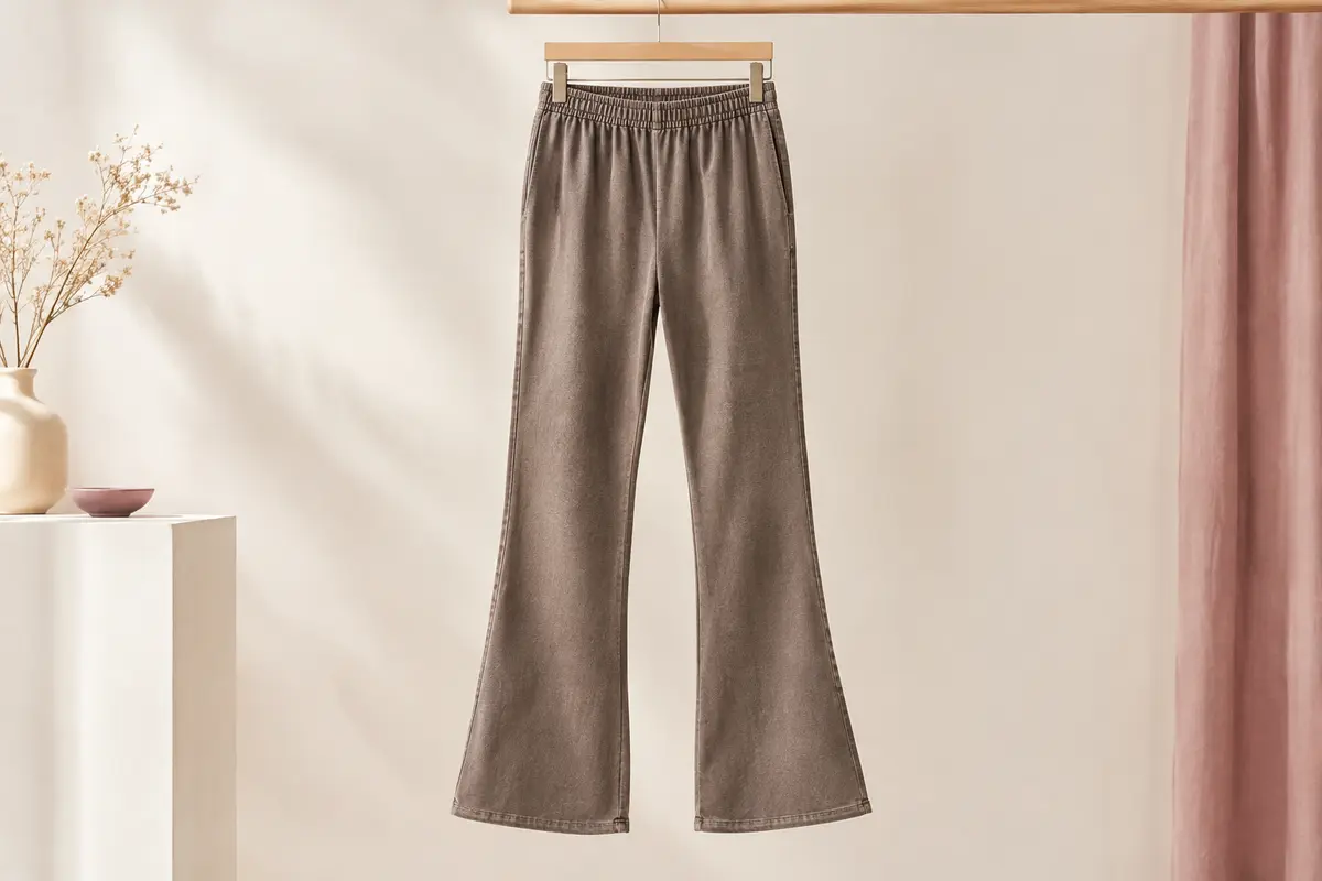 Pantalon de sport bootcut à taille élastiquée présenté seul dans un décor ivoire lumineux.