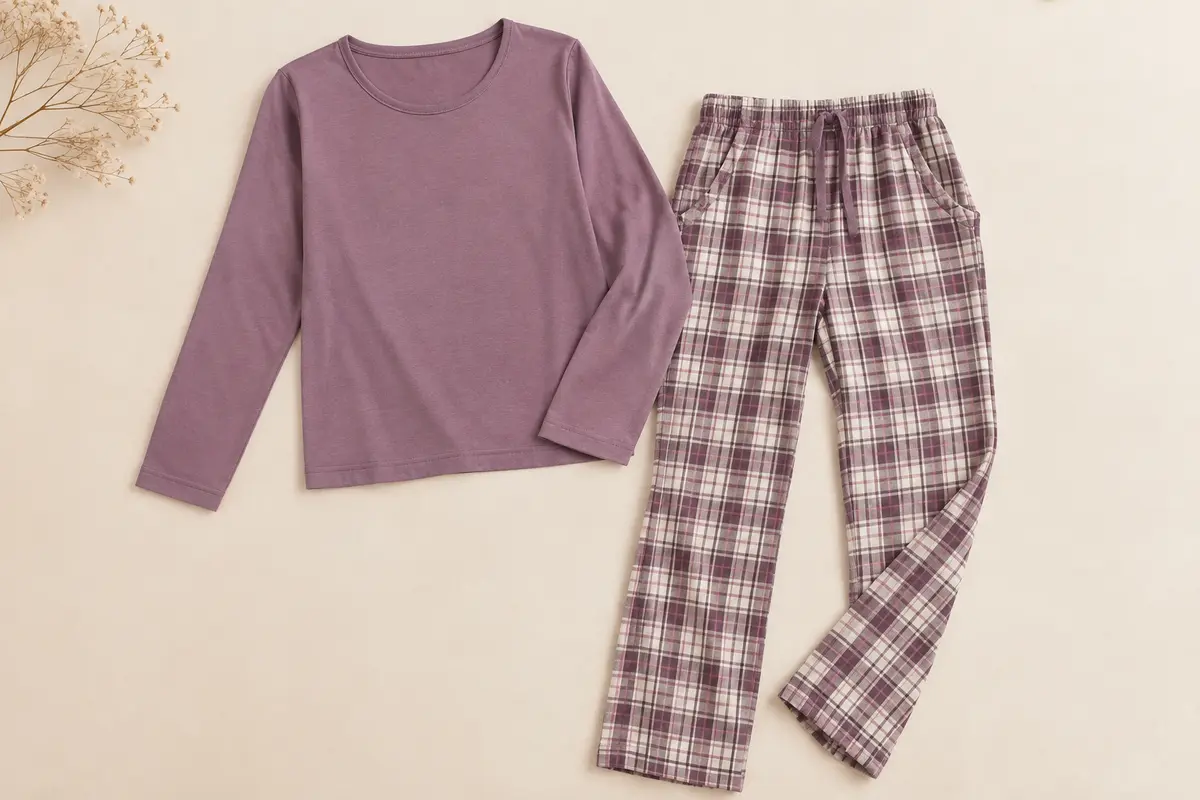Ensemble de pyjama femme long avec haut à manches longues et pantalon à carreaux présenté à plat
