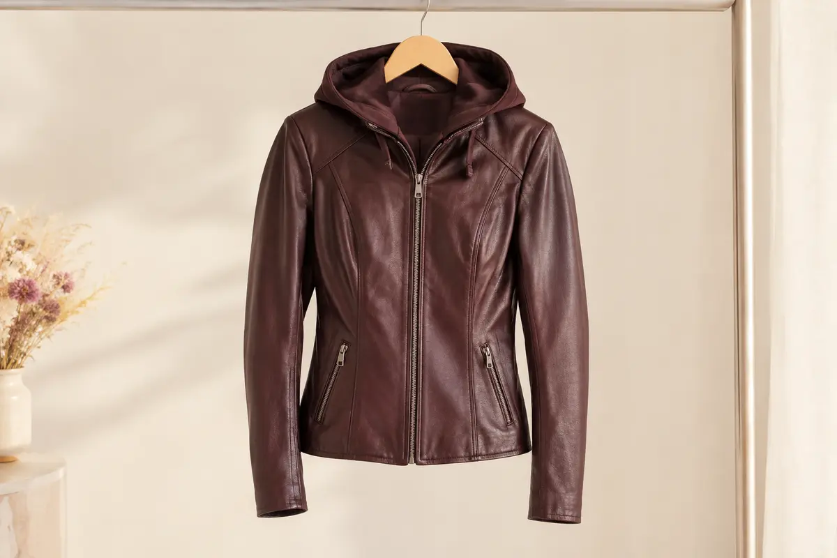 Blouson moto femme en cuir d’agneau présenté seul sur un cintre dans un décor ivoire lumineux.