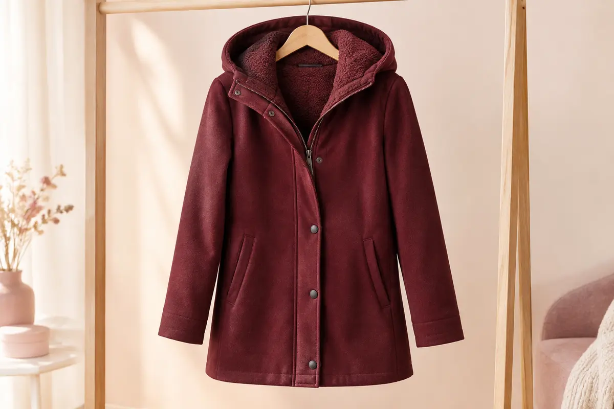 Manteau court bordeaux pour femme, avec capuche doublée de polaire, zip, boutons et poches latérales.