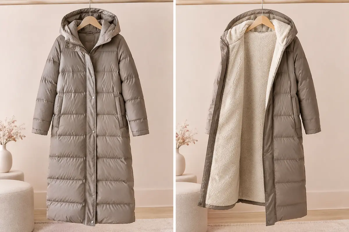 Manteau long matelassé à capuche sur cintre, avec aperçu de sa face doublée à aspect laine d’agneau.