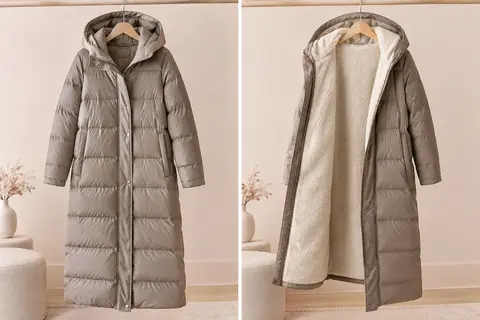 Manteau long matelassé à capuche sur cintre, avec aperçu de sa face doublée à aspect laine d’agneau.