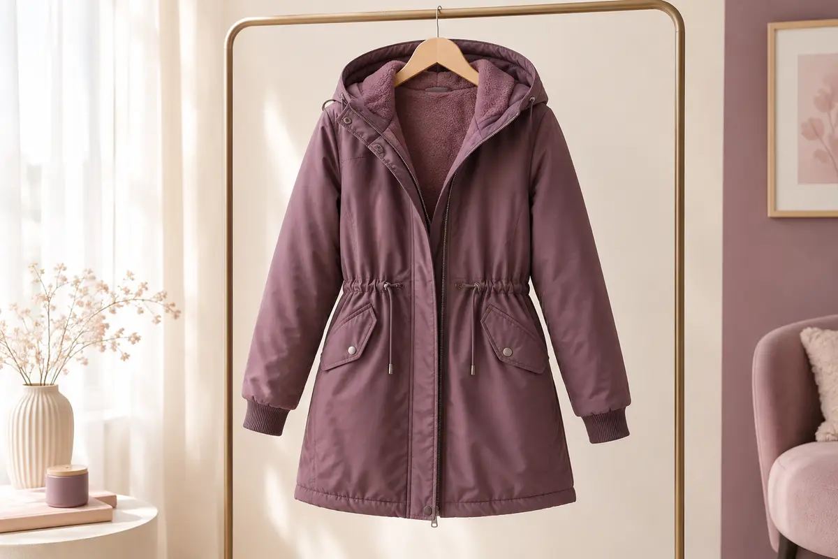 Parka femme mi-longue à capuche et taille réglable, présentée seule sur un portant dans un décor ivoire