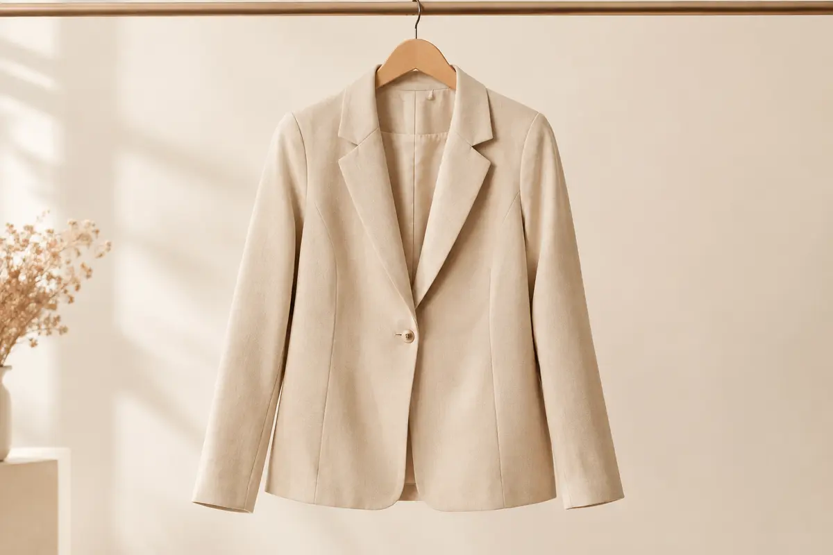 Blazer VERO MODA à coupe regular présenté seul sur un cintre dans un décor ivoire lumineux.