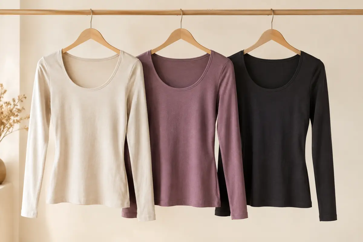 Trois t-shirts unis à manches longues et col en U présentés sur des cintres devant un fond ivoire