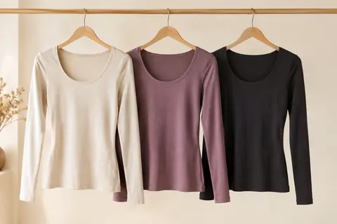 Trois t-shirts unis à manches longues et col en U présentés sur des cintres devant un fond ivoire
