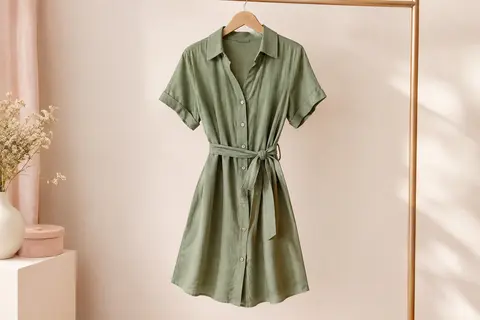 Robe chemise courte Vero Moda en viscose, avec col, boutons et ceinture à nouer, présentée seule sur cintre.