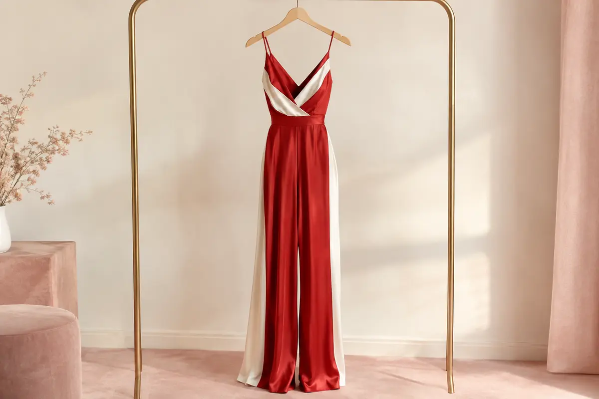 Combinaison longue VERWIN rouge et blanche en satin sergé, présentée seule sur un cintre.
