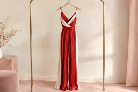 Combinaison longue VERWIN rouge et blanche en satin sergé, présentée seule sur un cintre.