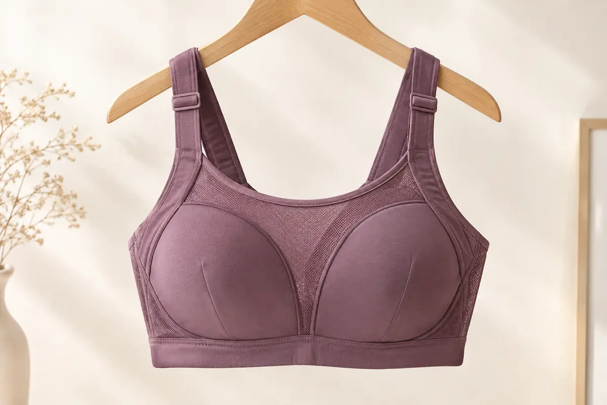 Brassière de sport Wingslove sans armature, non rembourrée, présentée seule sur un fond ivoire lumineux