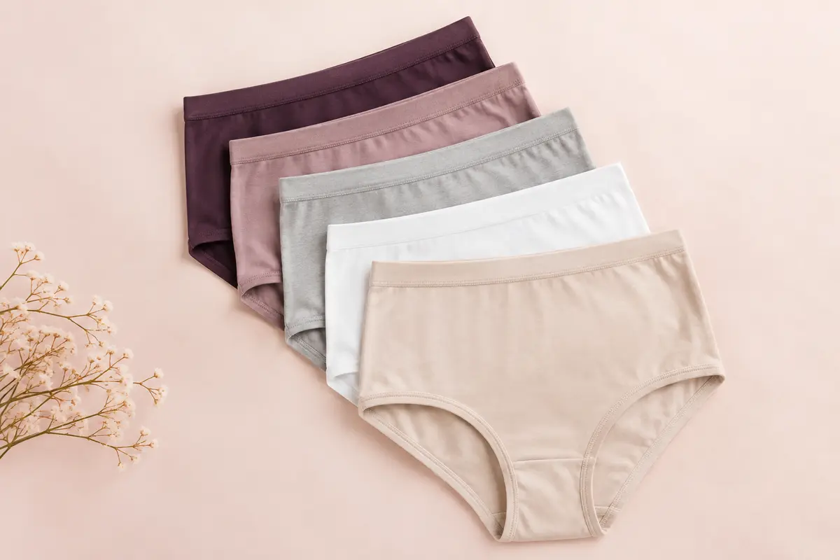 Lot de cinq culottes wirarpa taille haute et couvrantes, présenté à plat dans un décor lumineux.
