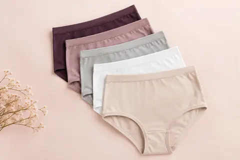 Lot de cinq culottes wirarpa taille haute et couvrantes, présenté à plat dans un décor lumineux.