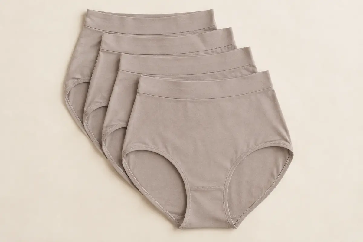 Lot de cinq culottes femme taille haute à entrejambe doublé, présenté seul sur un fond ivoire
